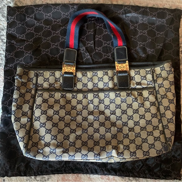 Authentic Gucci Tote Bag Gg Canvas Sherry Navy/Canvas - Picture 1 of 7